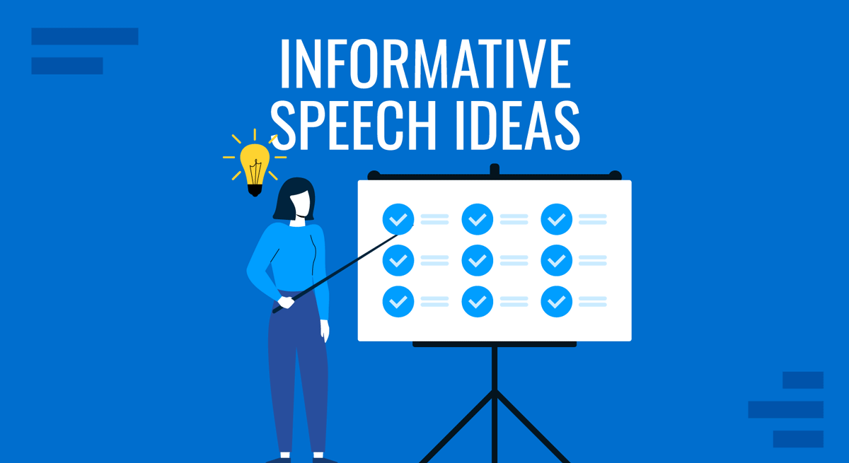 Cover for Informative Speech Ideas guide by SlideModel