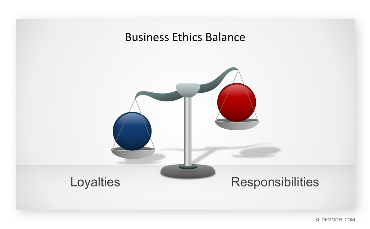 Weight Scales Business Ethics PowerPoint Template - Example of Business Ethics Balance Diagram for Presentations