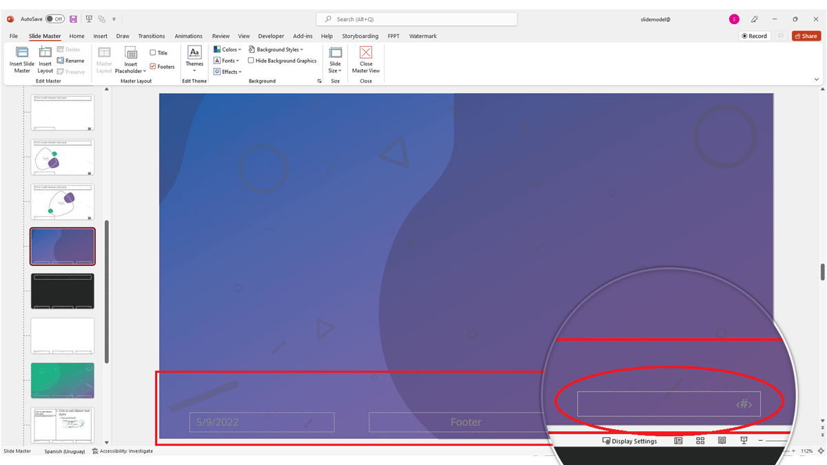 Insert Slide Number in SlideMaster Footer.