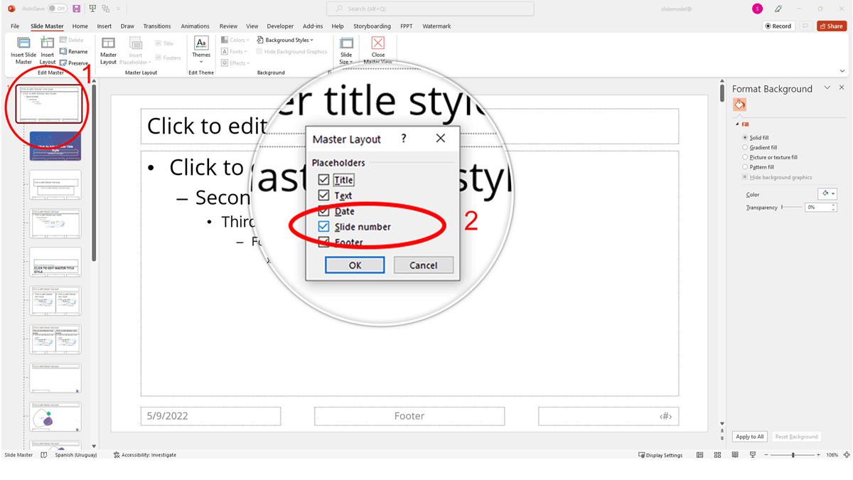 Insert slide number through master slide in slidemaster