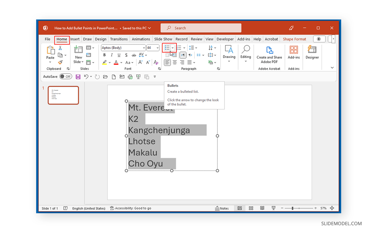 Adding bullets in PowerPoint slide