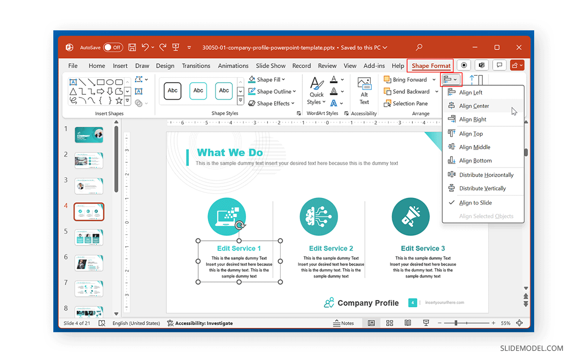 Using Shape Format in PowerPoint to align text boxes