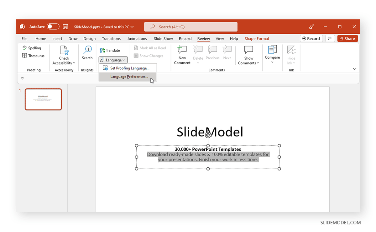 trouver les préférences de langue dans PowerPoint pour changer l'interface de langue