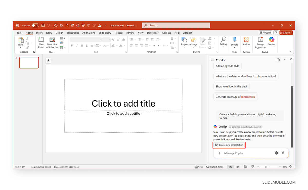 Using Copilot to create a new presentation