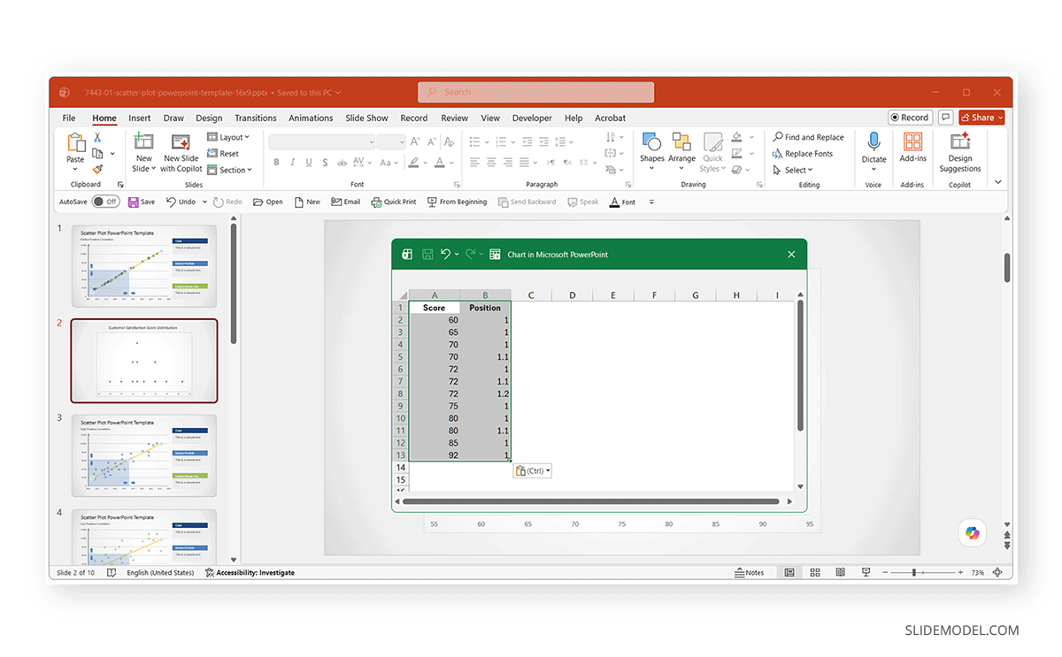 How to add data to a strip chart in PowerPoint