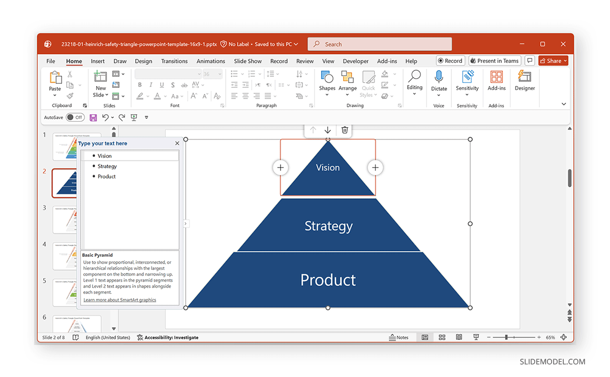 Sample pyramid chart made with SmartArt in PowerPoint