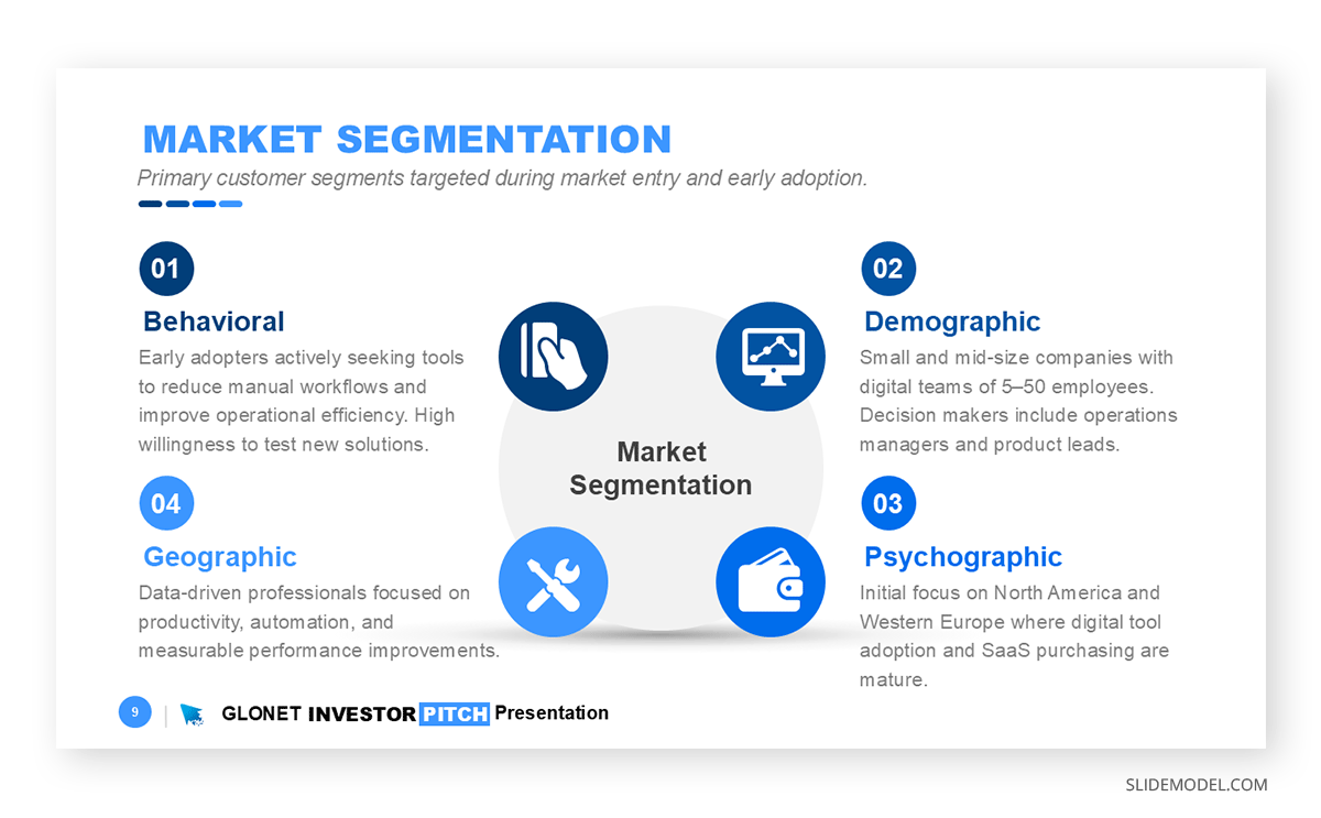 Sample go to market slide in investor pitch market segmentation