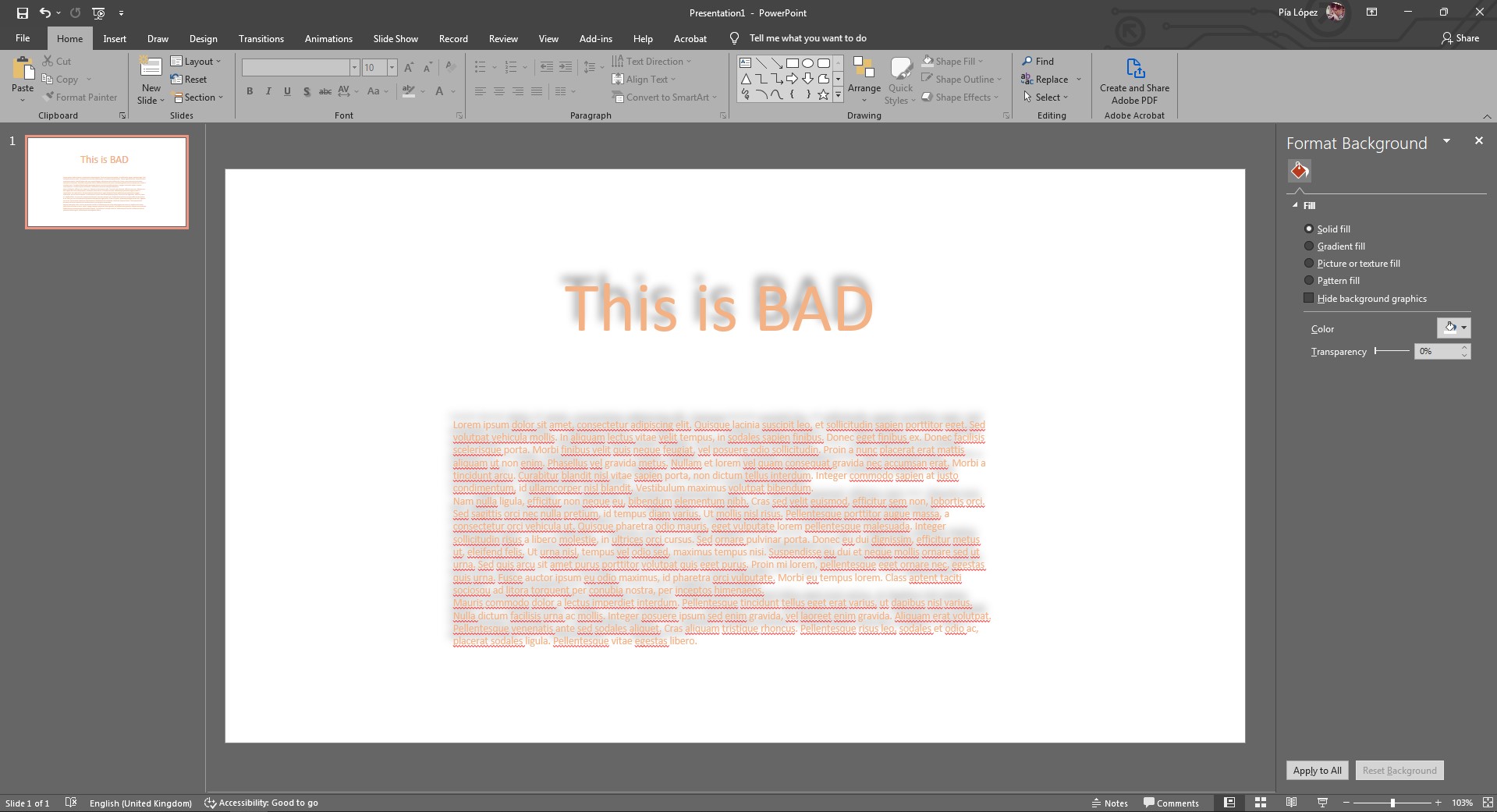 mauvaise utilisation de l'ombre de texte dans PowerPoint