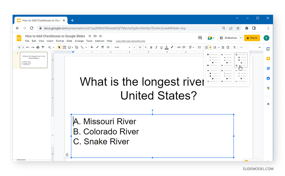 finding the checkboxes option in Google Slides