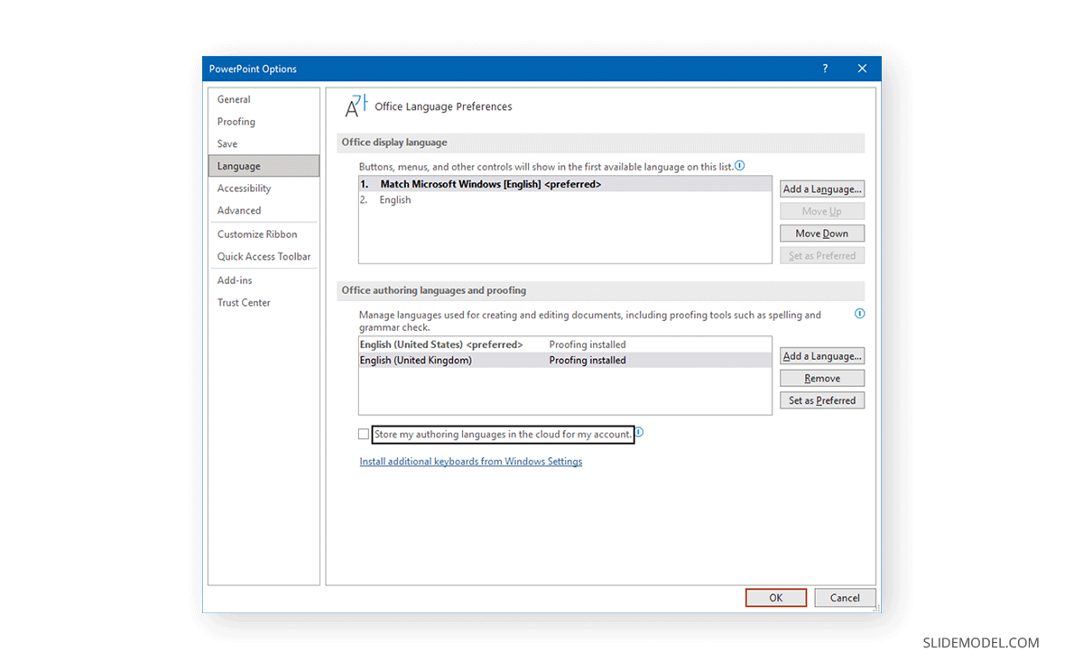 adding a new language to change language interface in PowerPoint