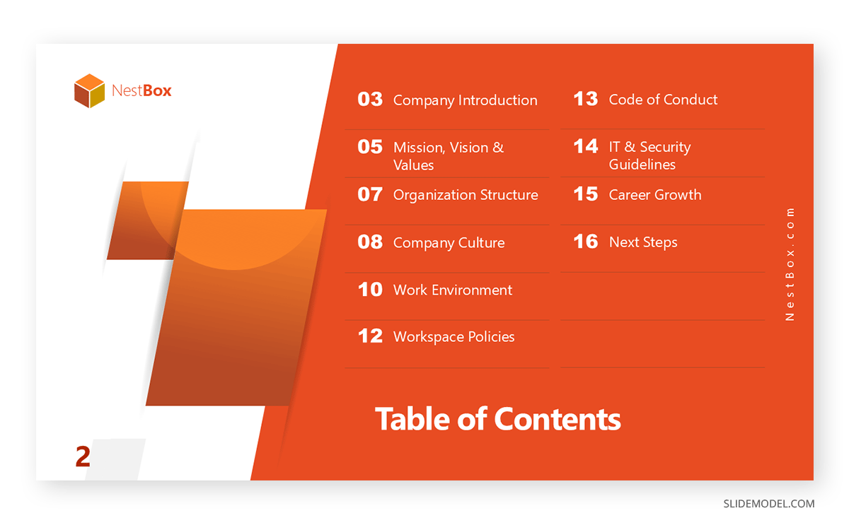 Table of contents slide in employee onboarding deck