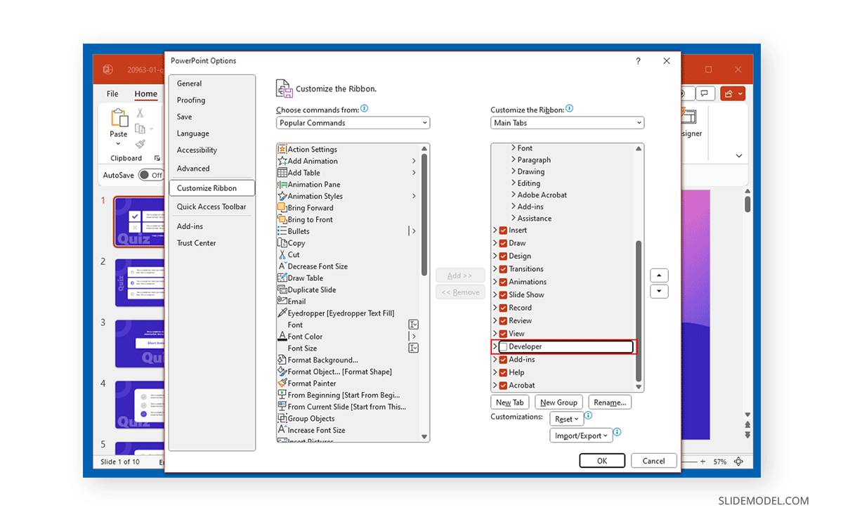 Enabling the Developer options in PowerPoint