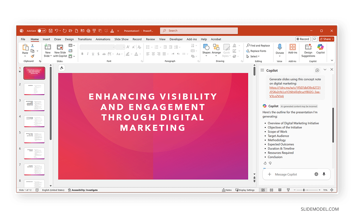 Word file to create a presentation outline in Copilot
