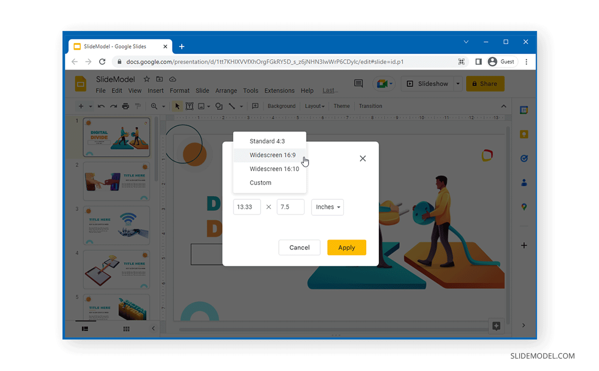 Sélection de tailles de page prédéfinies dans Google Slides