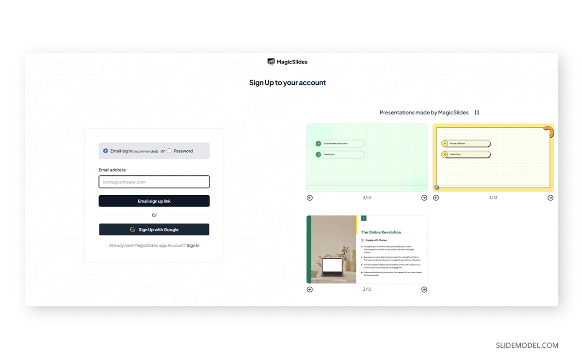 MagicSlides login page with presentation examples