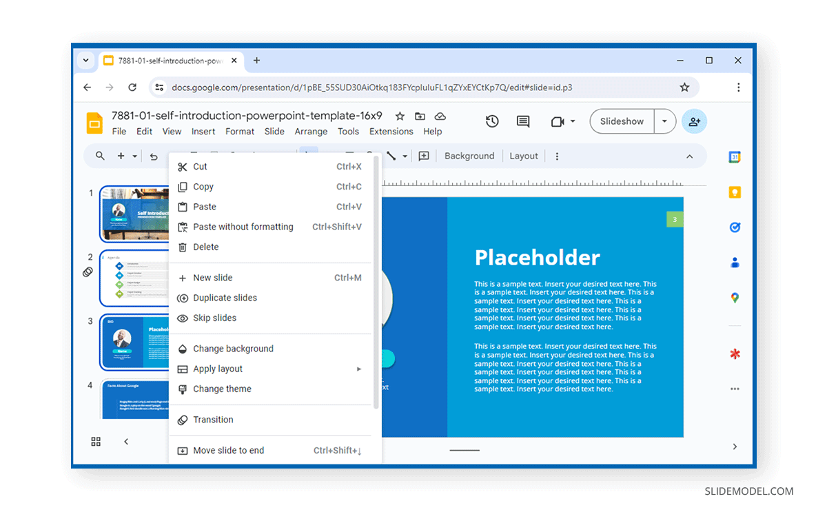 Managing multiple slides selected in Google Slides