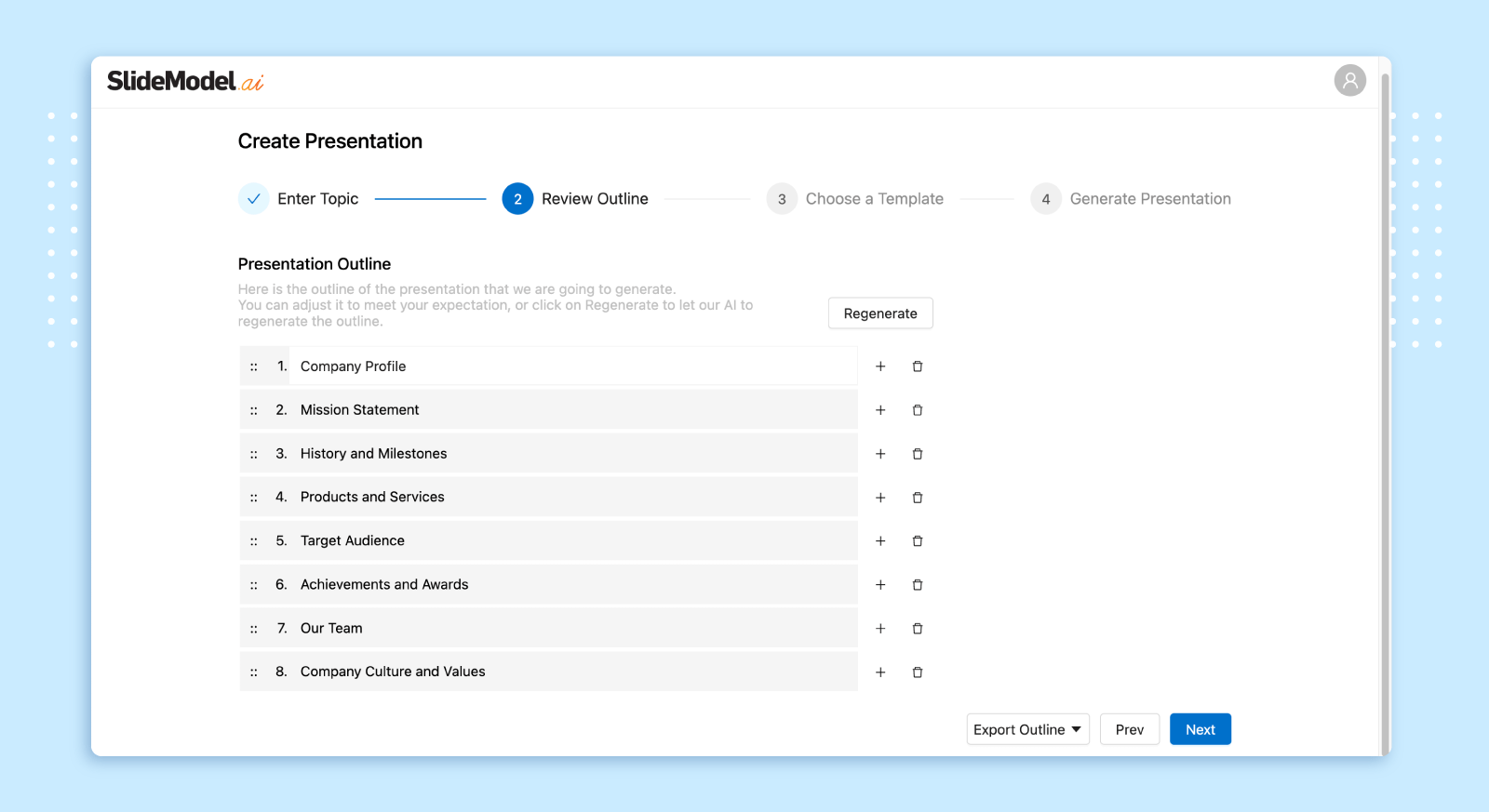 Reviewing outline for a company profile AI presentation