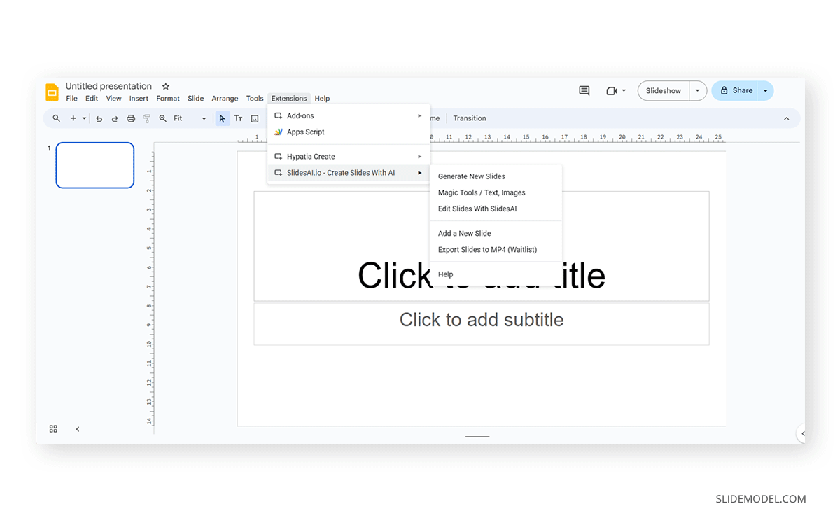 Opening SlidesAI extension tool in Google Slides