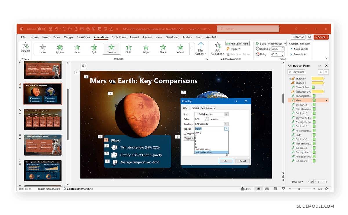 Configuring timing for loop animation effect in PowerPoint from the animation pane
