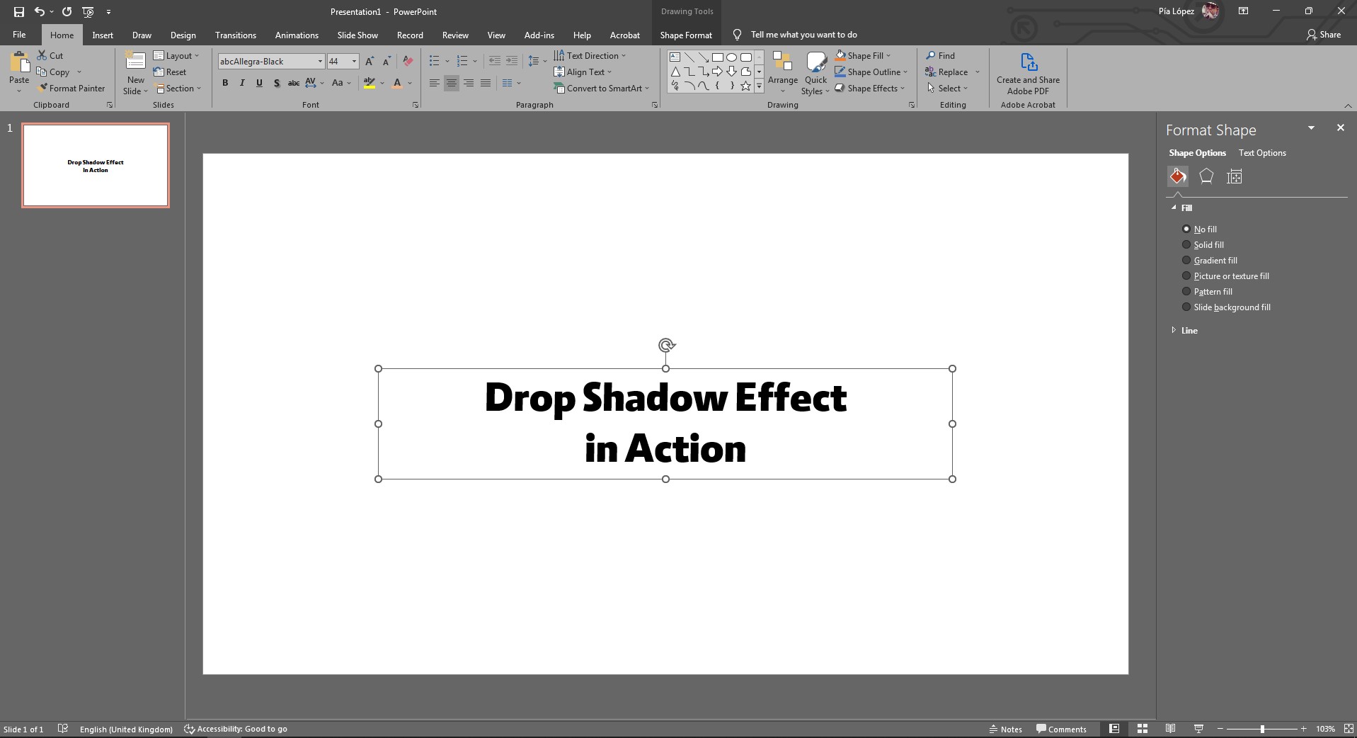 point de départ pour appliquer l'ombre du texte dans PowerPoint