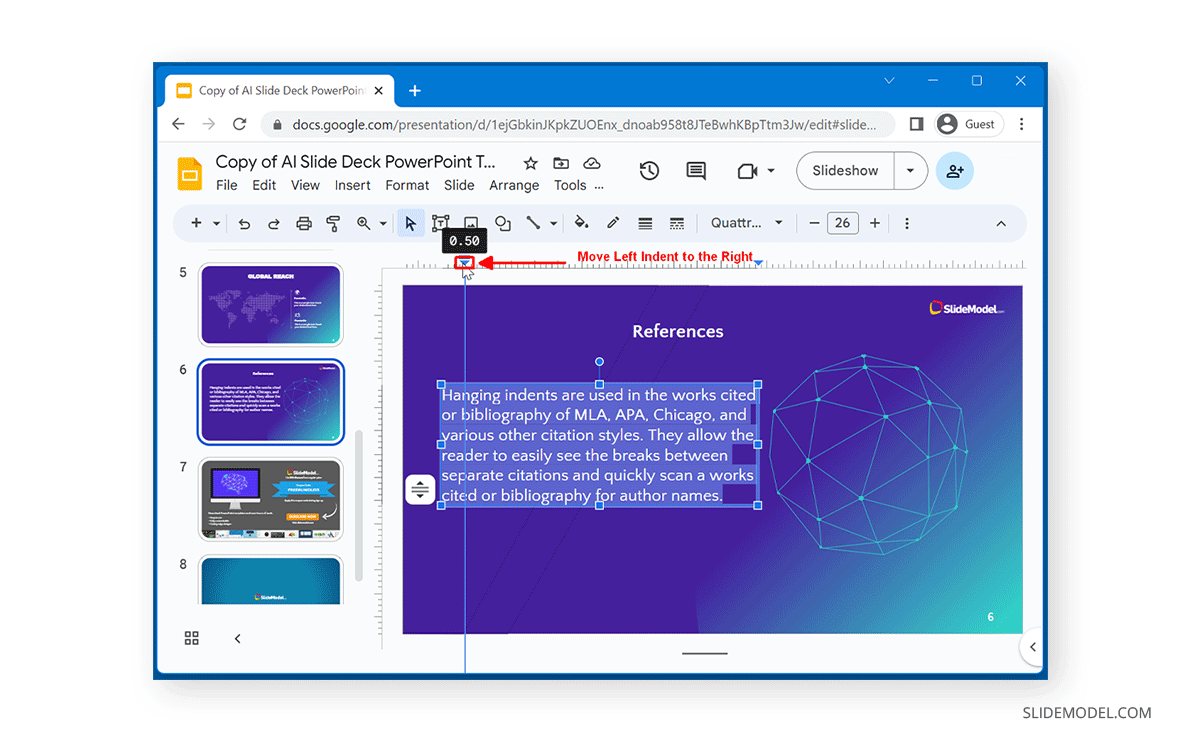 Moving ruler to create indent in Google Slides