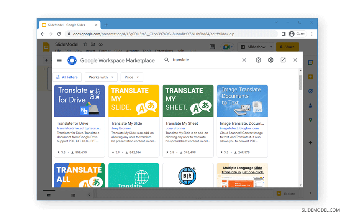Trouver des modules de traduction pour Google Slides dans Google Workspace Marketplace