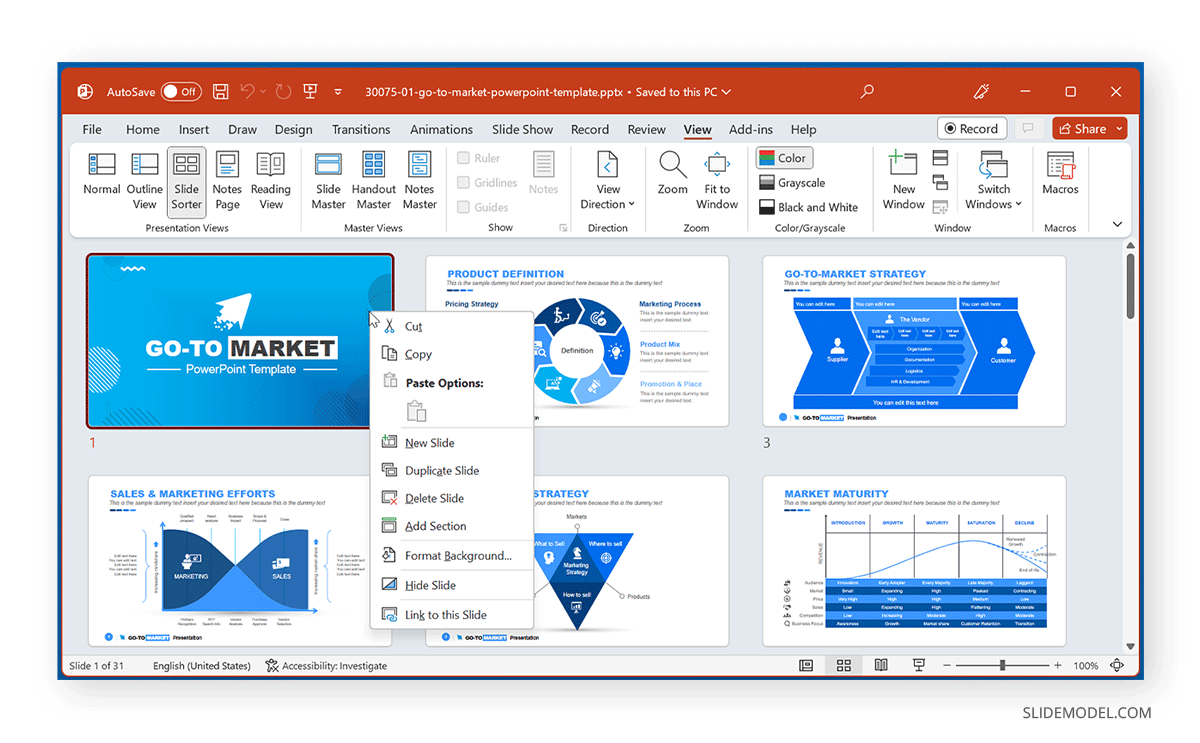 Right-click to organize slides