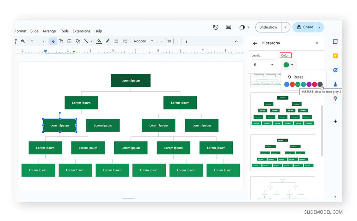 Selecting the org chart color in Google Slides