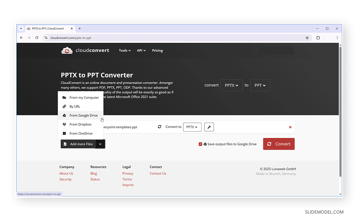 Download Google Slides in PPTX format using CloudConvert