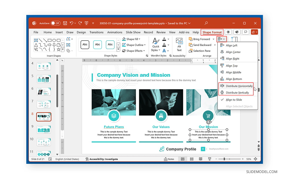 How to distribute text boxes in PowerPoint