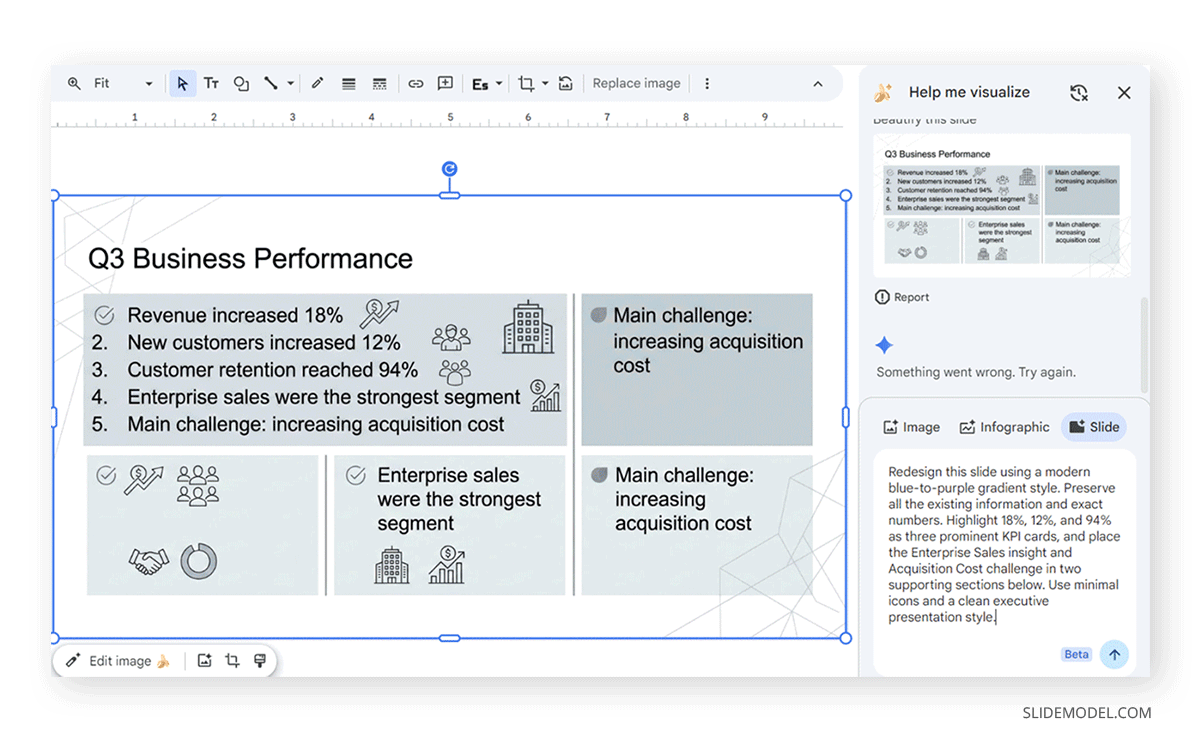 How to use help me visualize in Google Slides