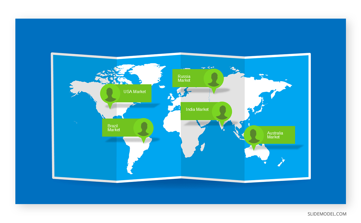 Worldmap PPT template folded map style SlideModel