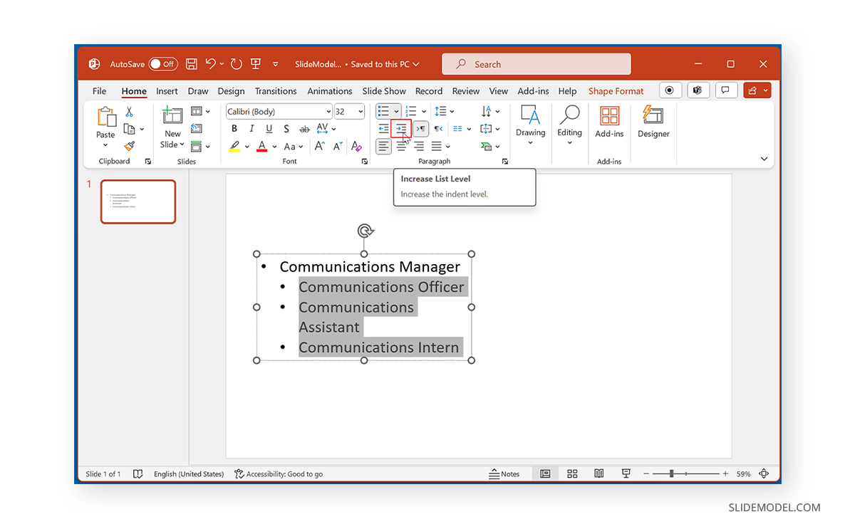 Increase indent level from Ribbon