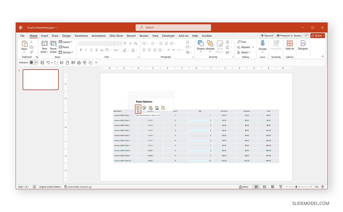 Pasting Excel chart in PowerPoint using Destination Styles