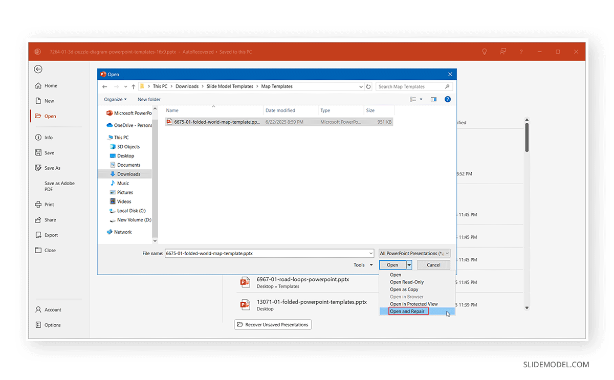 Open and Repair option in PowerPoint Open Menu