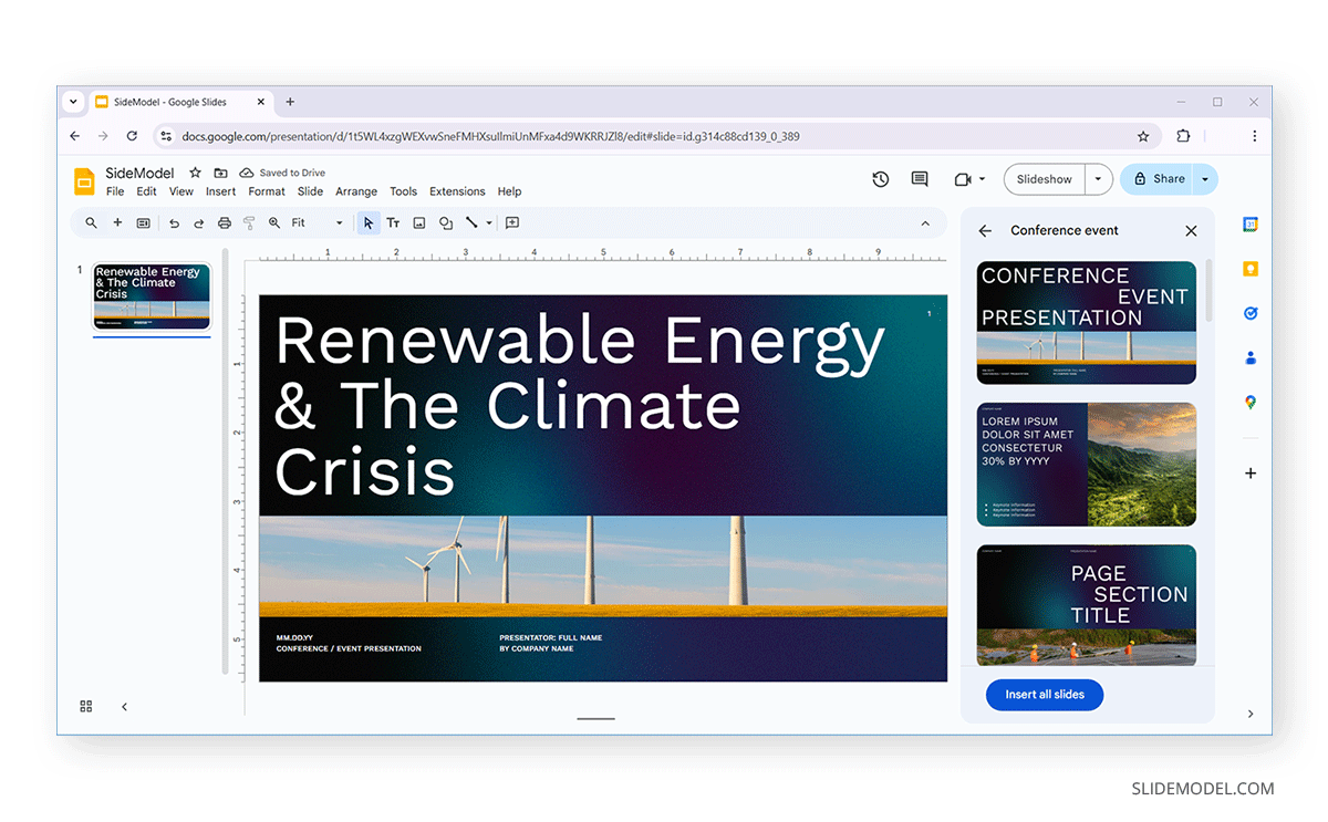 Selecting a template design in Google Slides