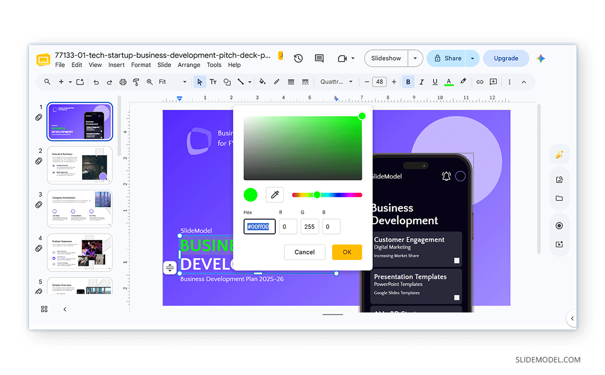 How to set a text color in Google Slides from HEX codes