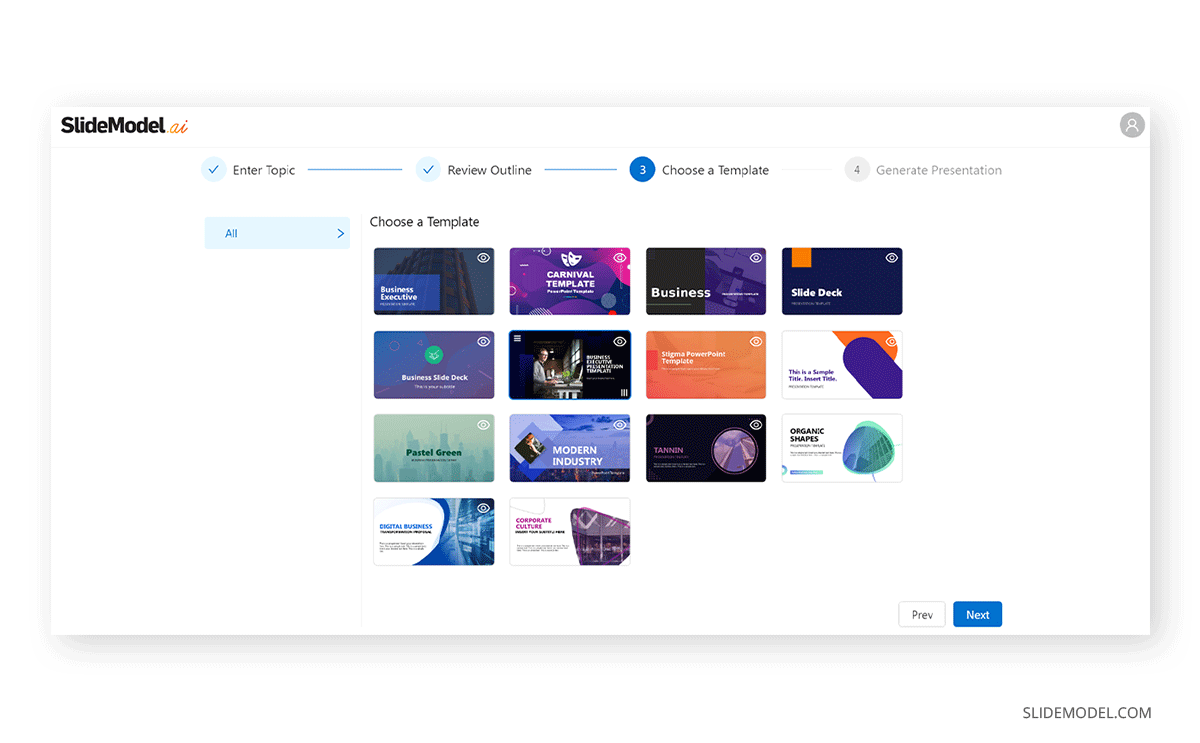 Template selection SlideModel AI presentation maker