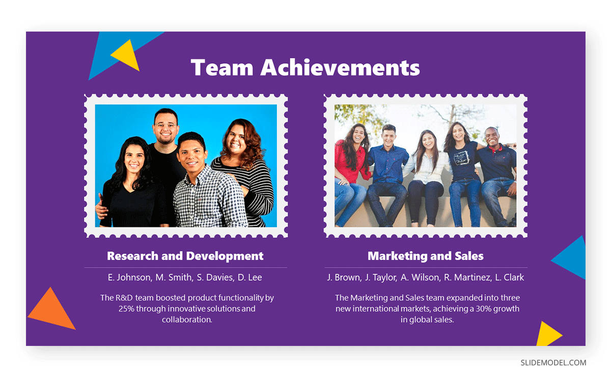Slide highlighting a company's team achievements by department