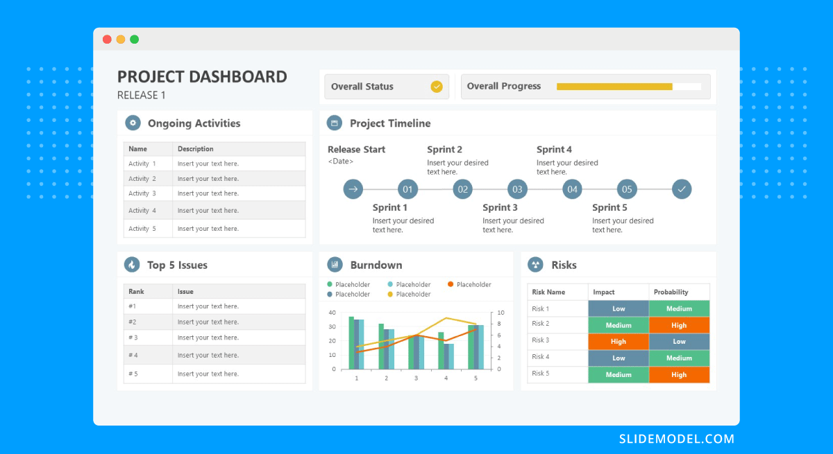 Text slide in the format of a project dashboard
