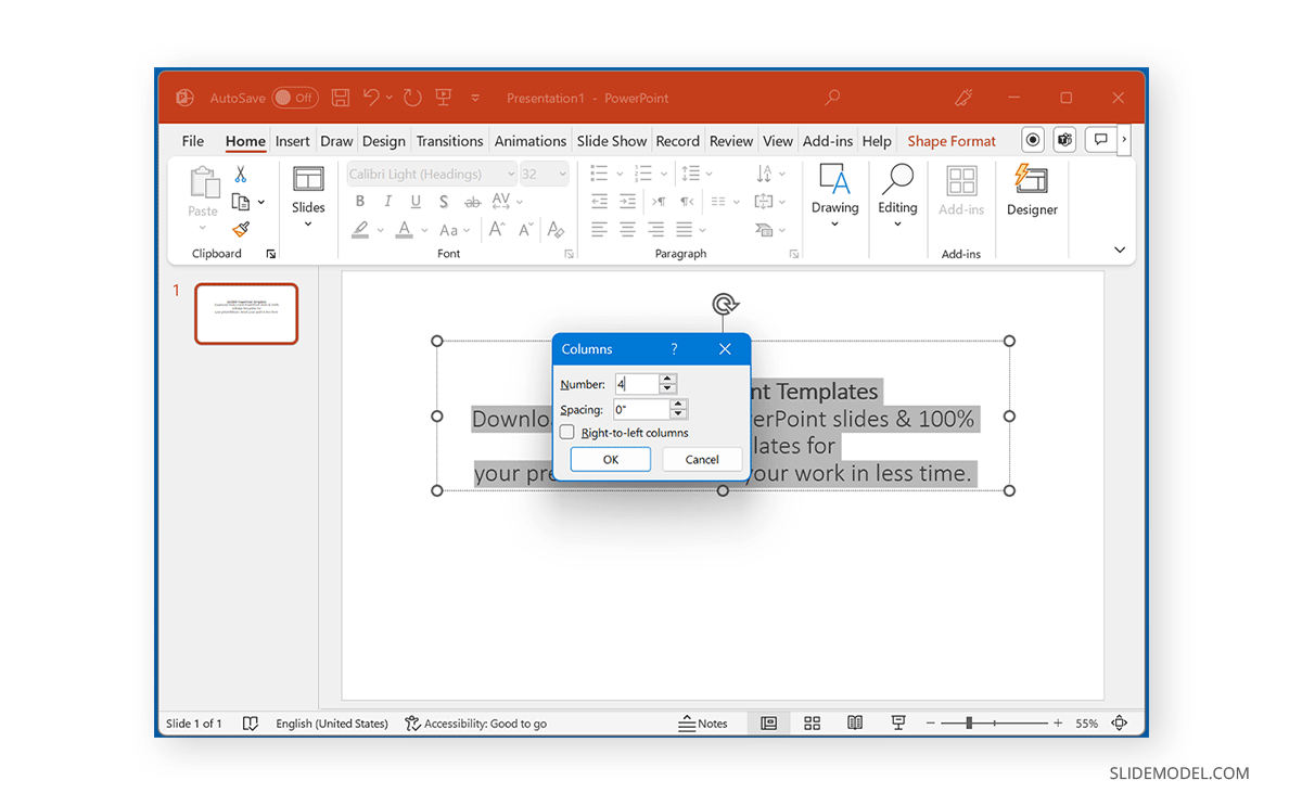 Add custom column count in PowerPoint slide