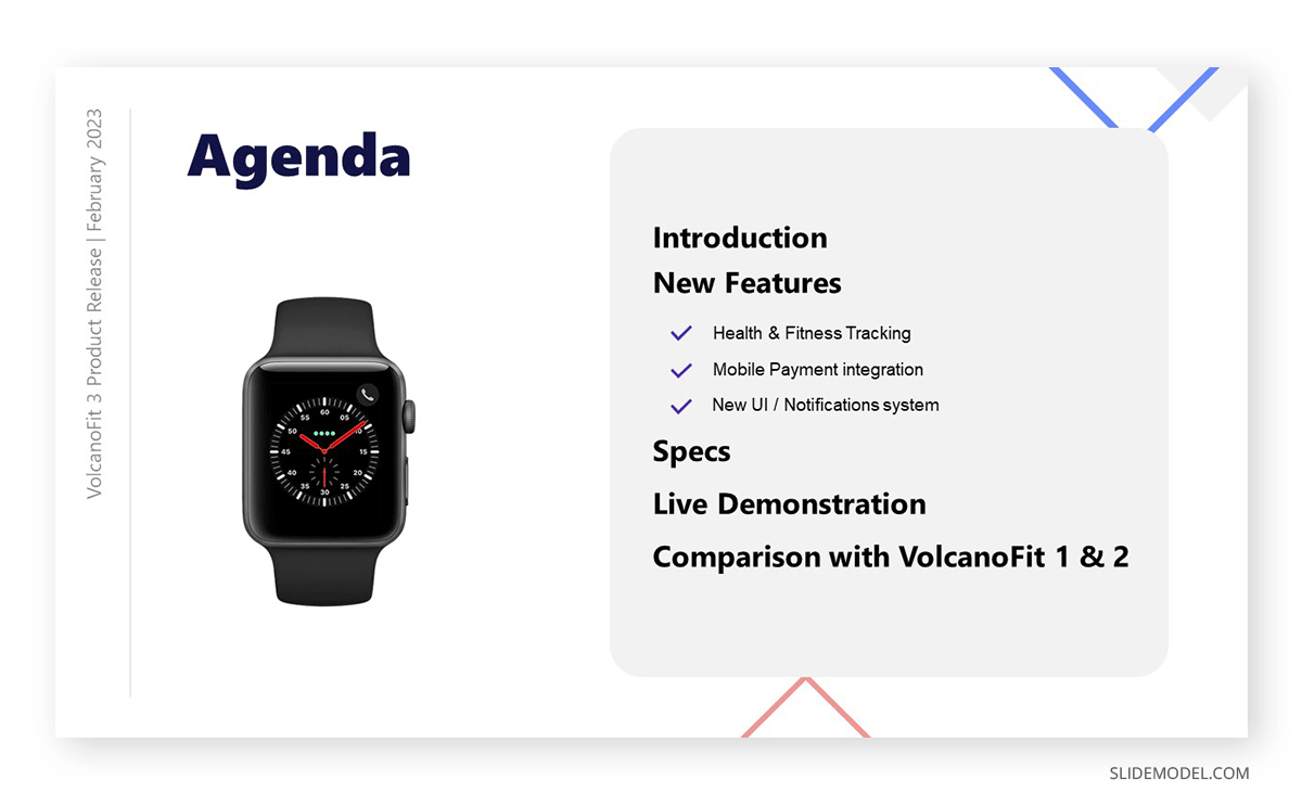 Example of a smartwatch release presentation agenda slide using our One-on-one Meeting PowerPoint Template