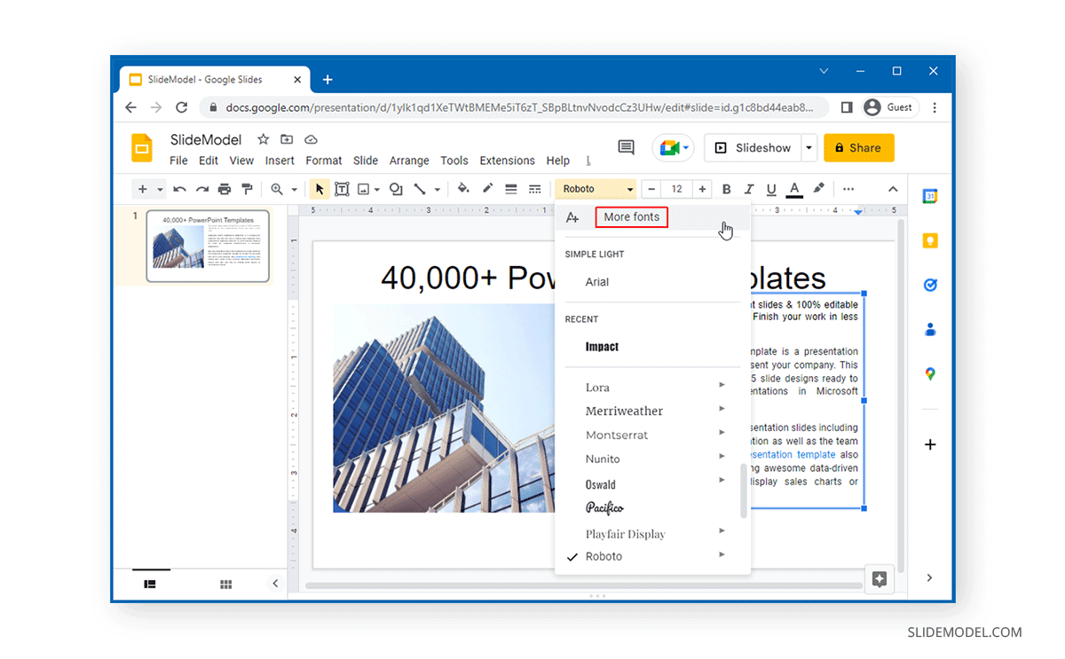 Locating the More Fonts option in Google Slides
