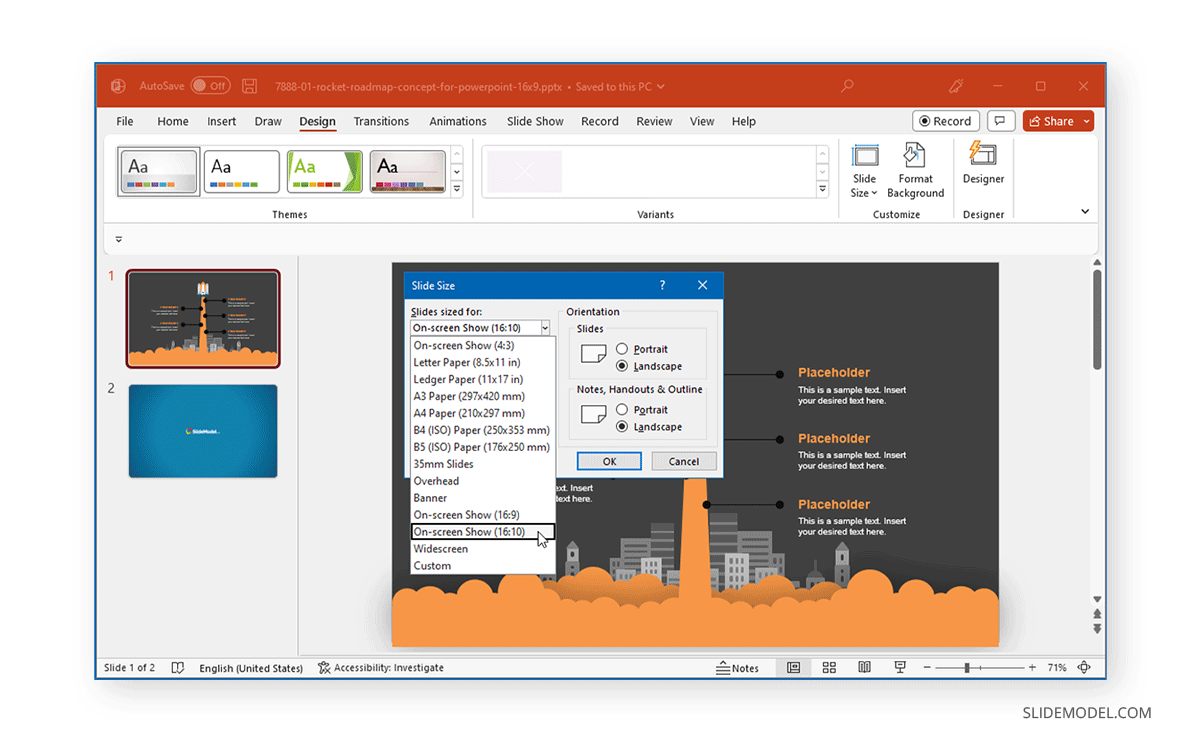Select slide size and orientation in PowerPoint