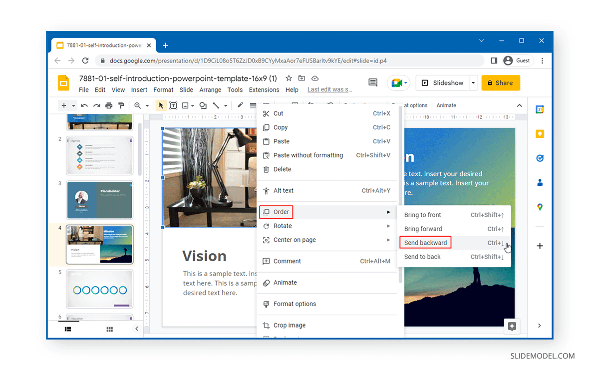 Send object backward in Google Slides
