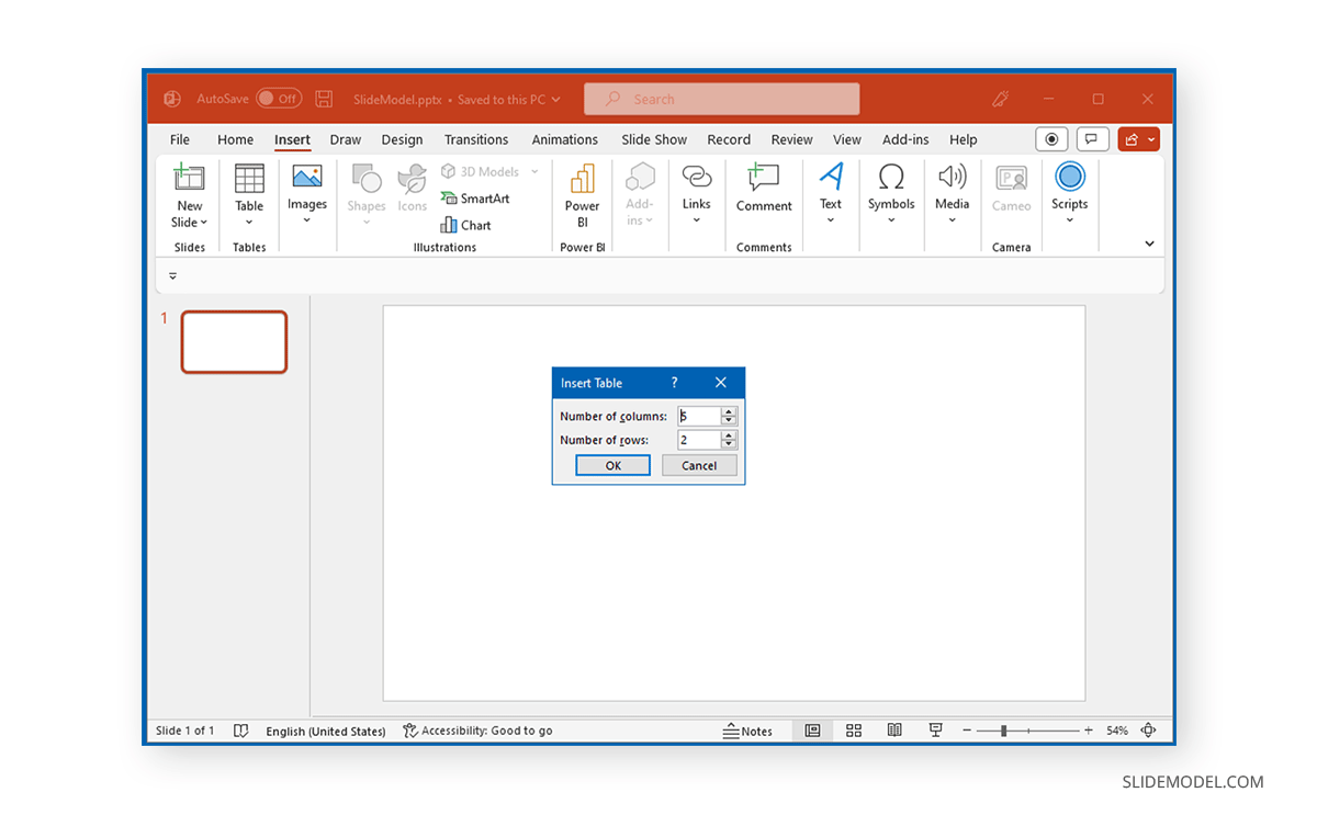 Specify columns and rows for a PowerPoint table