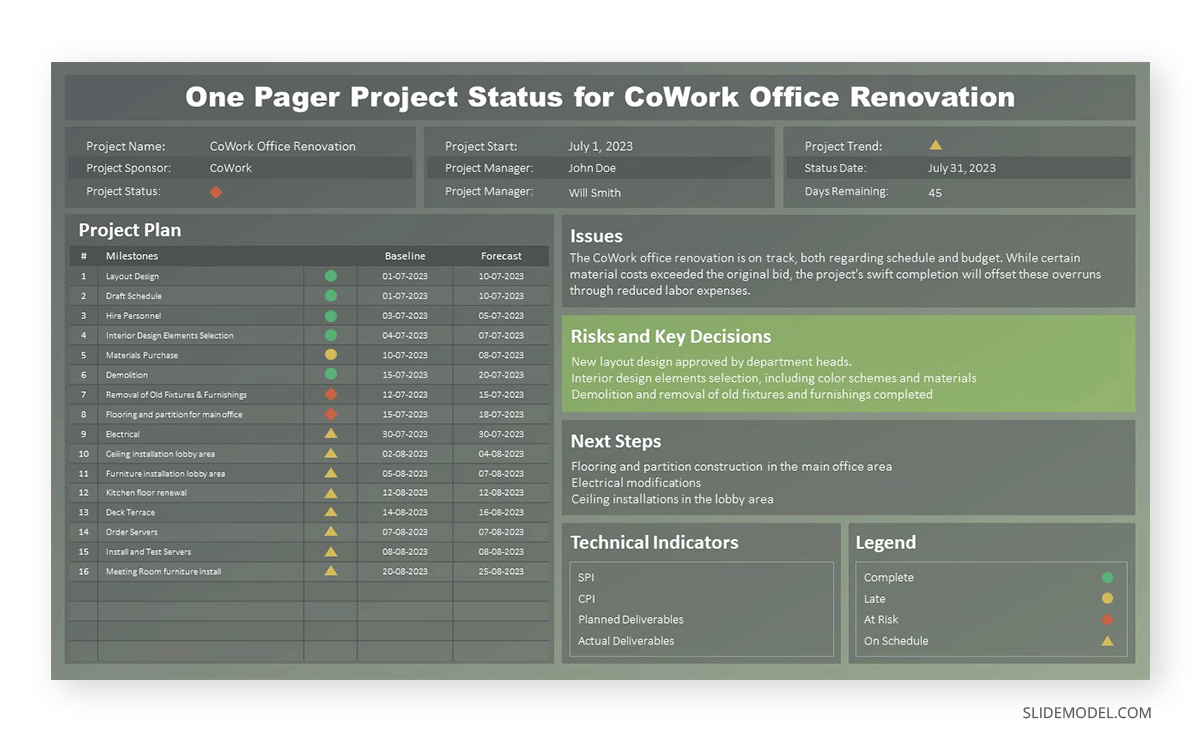 Completed tasks in a Project Status Report