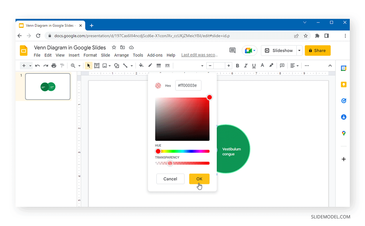 personnalisation de la transparence et de la valeur de couleur hexadécimale dans les diagrammes de Venn créés avec l'outil de diagramme dans Google Slides