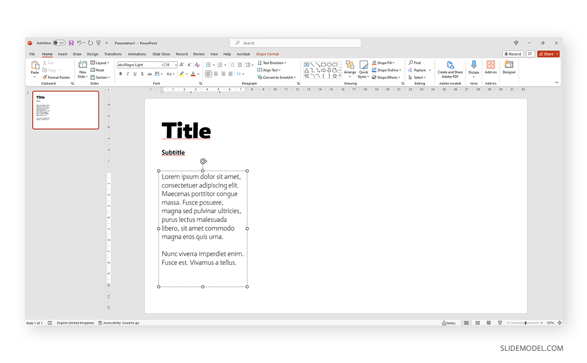 End result of adding lorem ipsum to PowerPoint slide