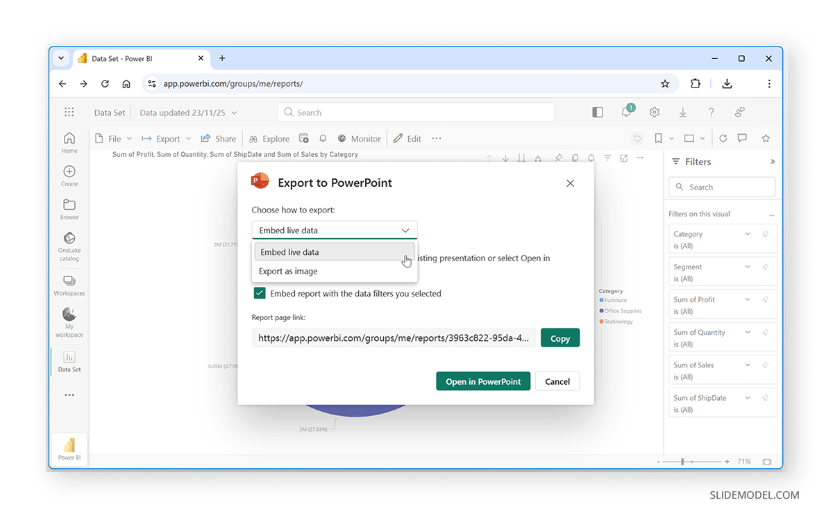 Exporting live data from Power BI to PowerPoint